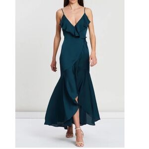 SHONA JOY Luxe Bias Frill Wrap Midi Dress in Emerald Size 10